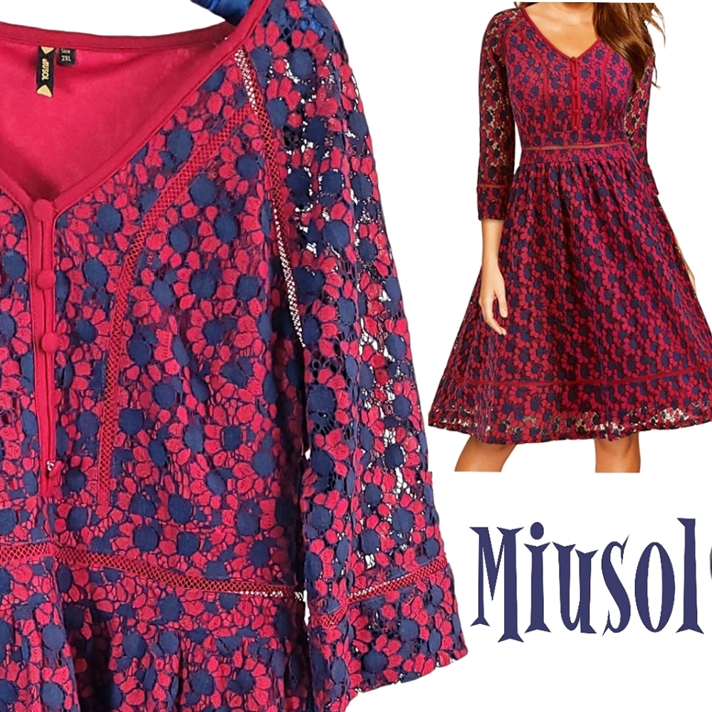 ModCloth Navy and Fuchsia Lace Fit-and-Flare Dress - Picture 2 of 9